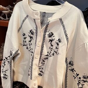 Anthropologie black and cream Floral Knit Button-Front Sweater Cardigan NWOT